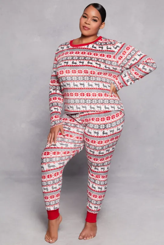 Plus Size Reindeer Print Pajama Top and Pants Set sold by Rainbow