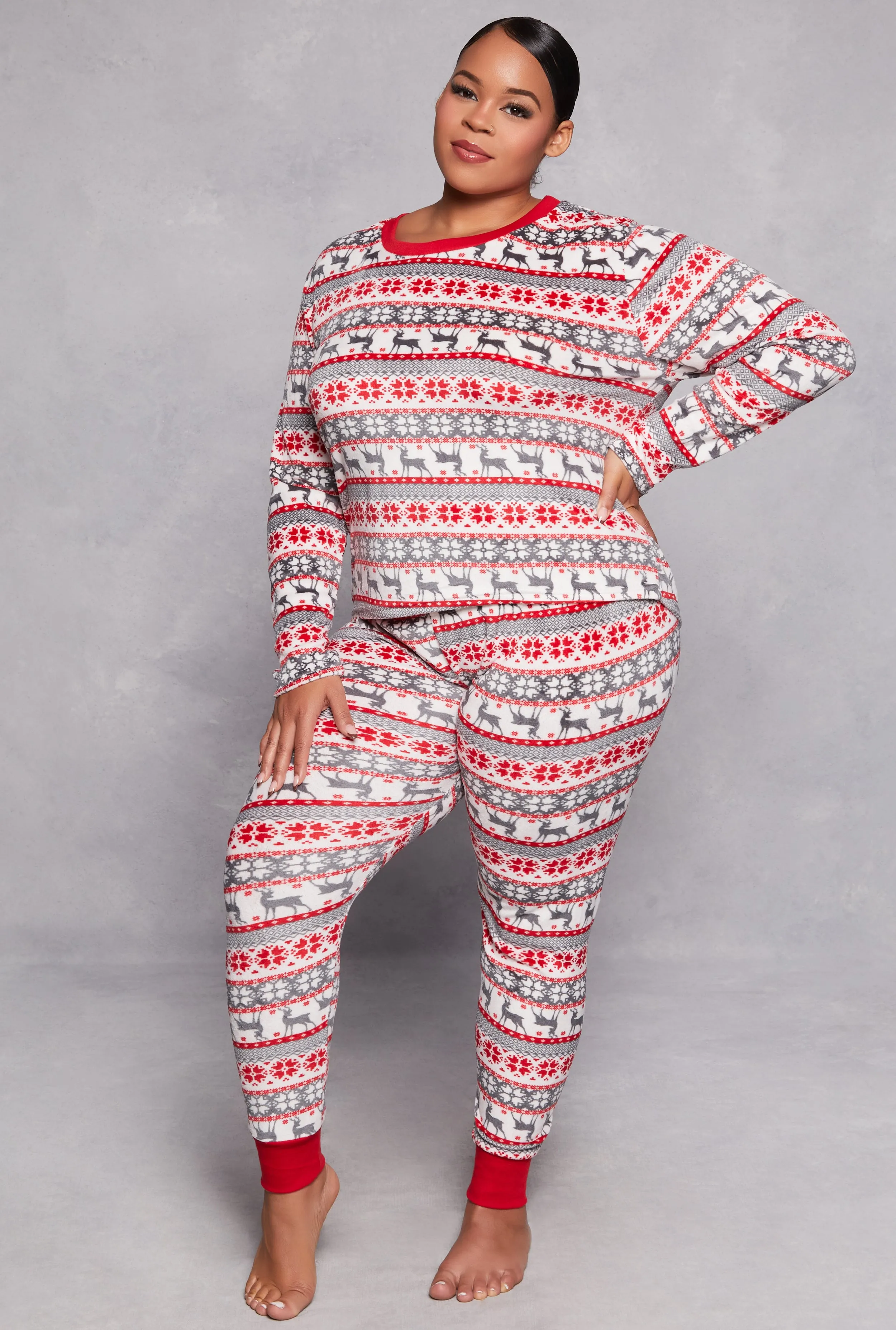 Plus Size Reindeer Print Pajama Top and Pants Set sold by Rainbow