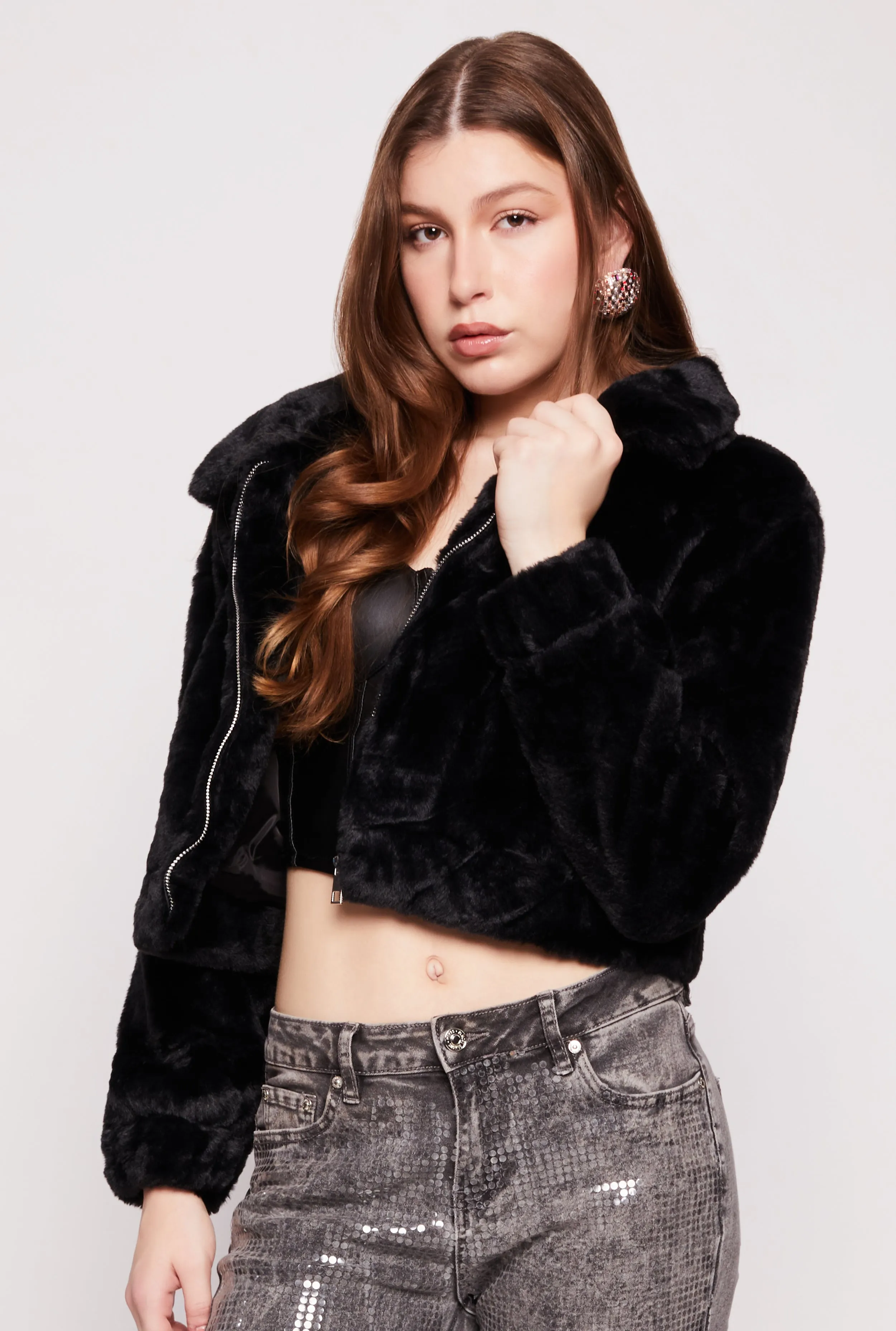 Faux Fur Zip Front Cropped Jacket sold by Rainbow