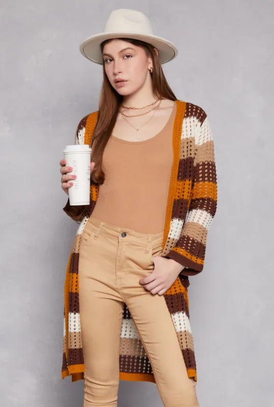 Crochet Striped Long Sleeve Cardigan sold by Rainbow