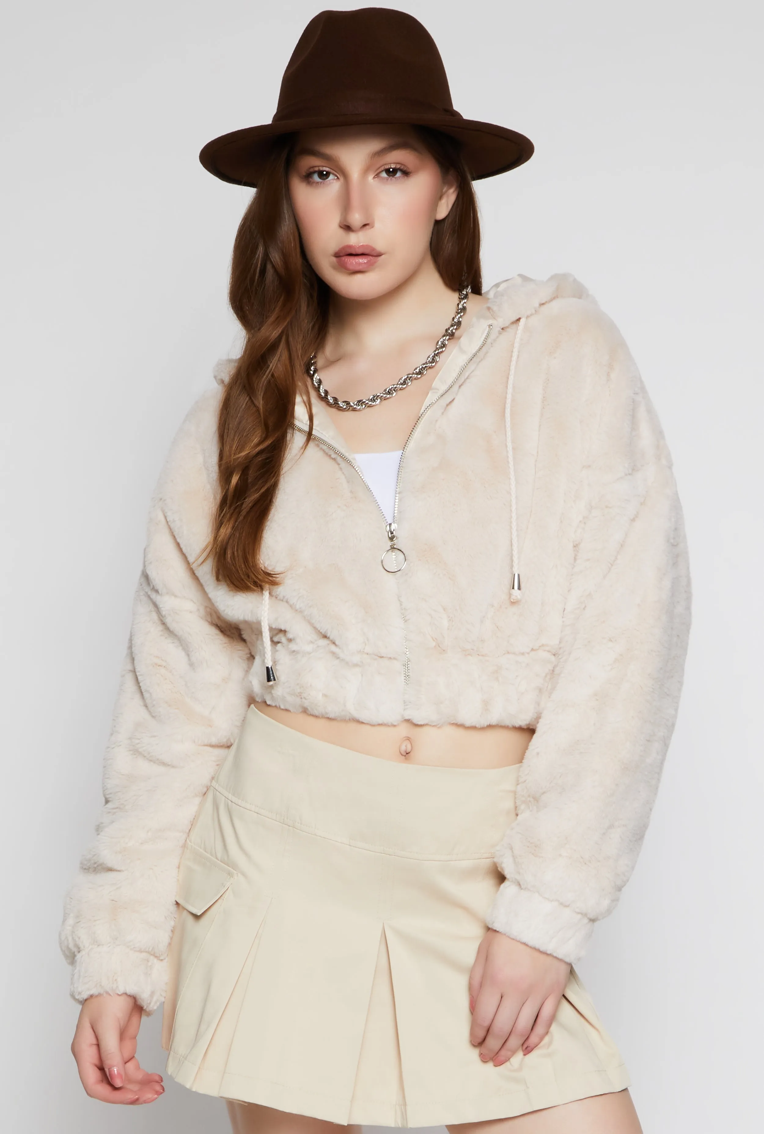 Faux Fur Zip Front Hooded Cropped Jacket sold by Rainbow