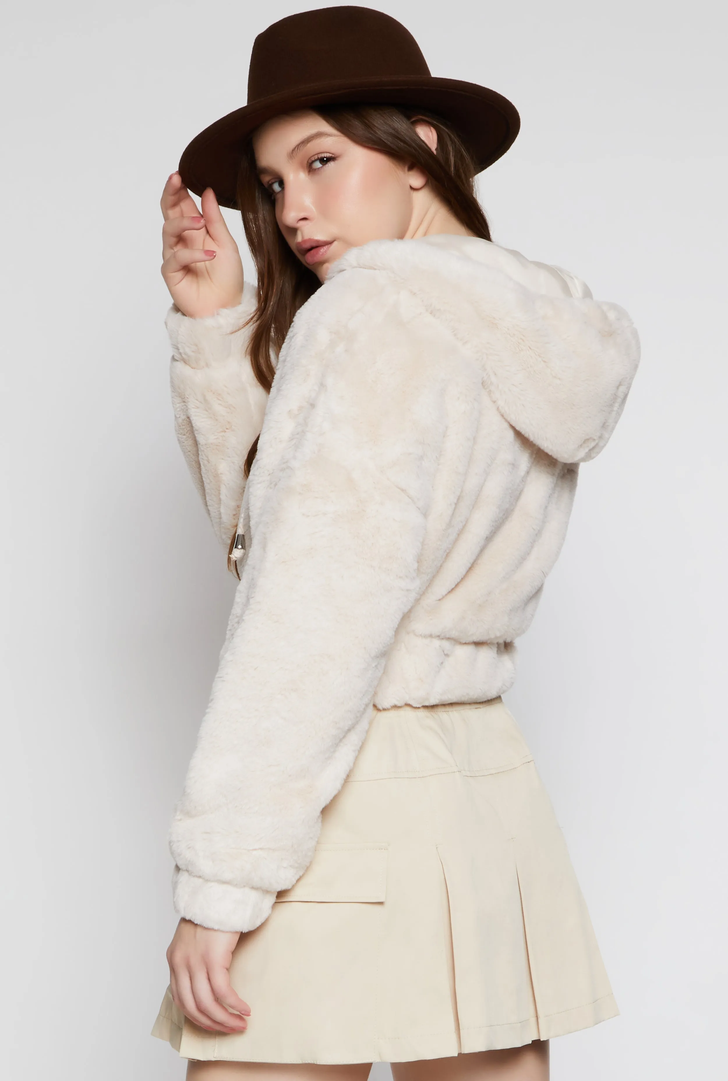 Faux Fur Zip Front Hooded Cropped Jacket sold by Rainbow product image thumbnail 3