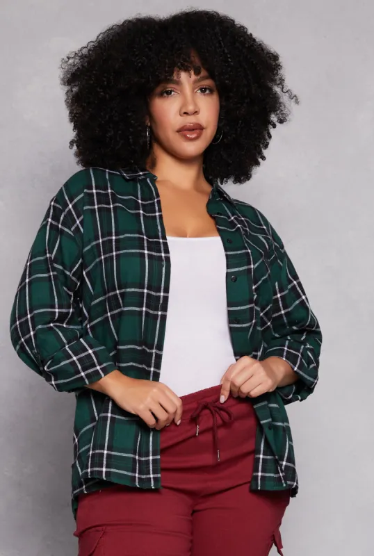 Plus Size Lurex Plaid Tabbed Sleeve Shirt sold by Rainbow