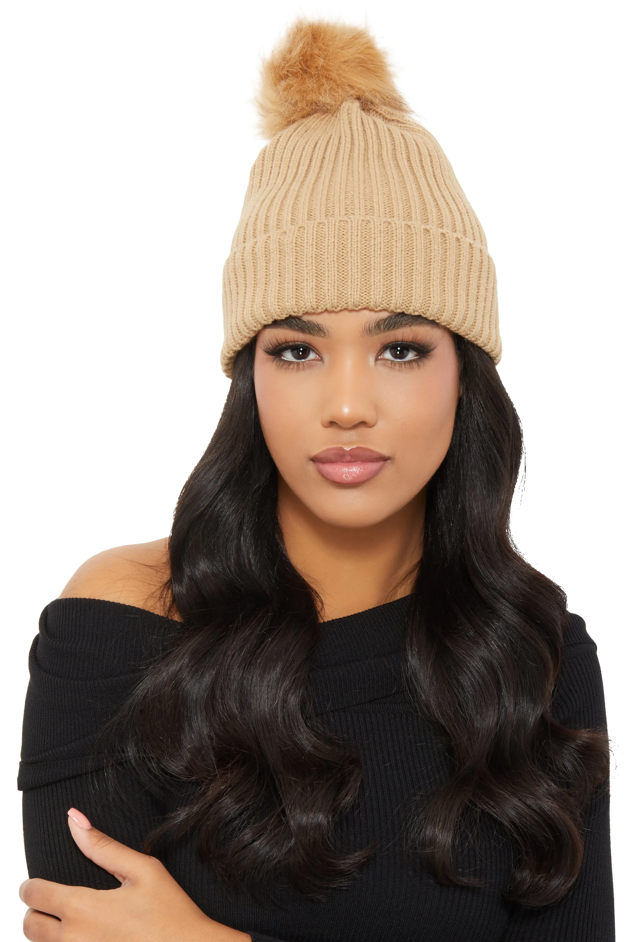 Ribbed Knit Faux Fur Pom Pom Beanie sold by Rainbow