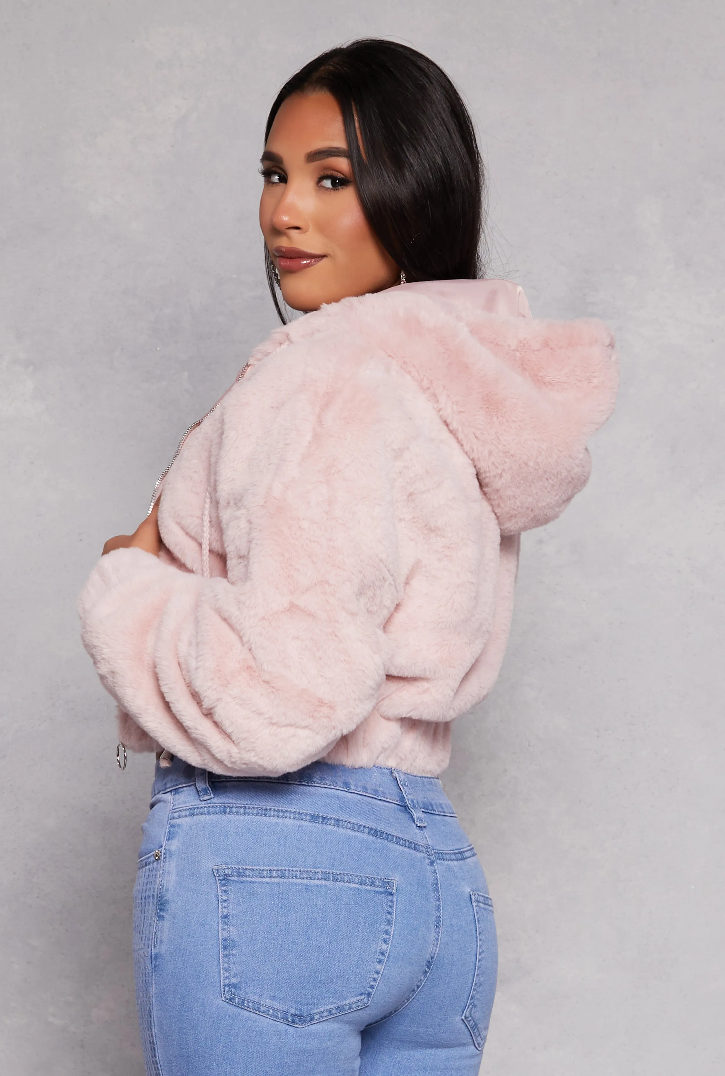 Faux Fur Zip Front Hooded Cropped Jacket sold by Rainbow product image thumbnail 3
