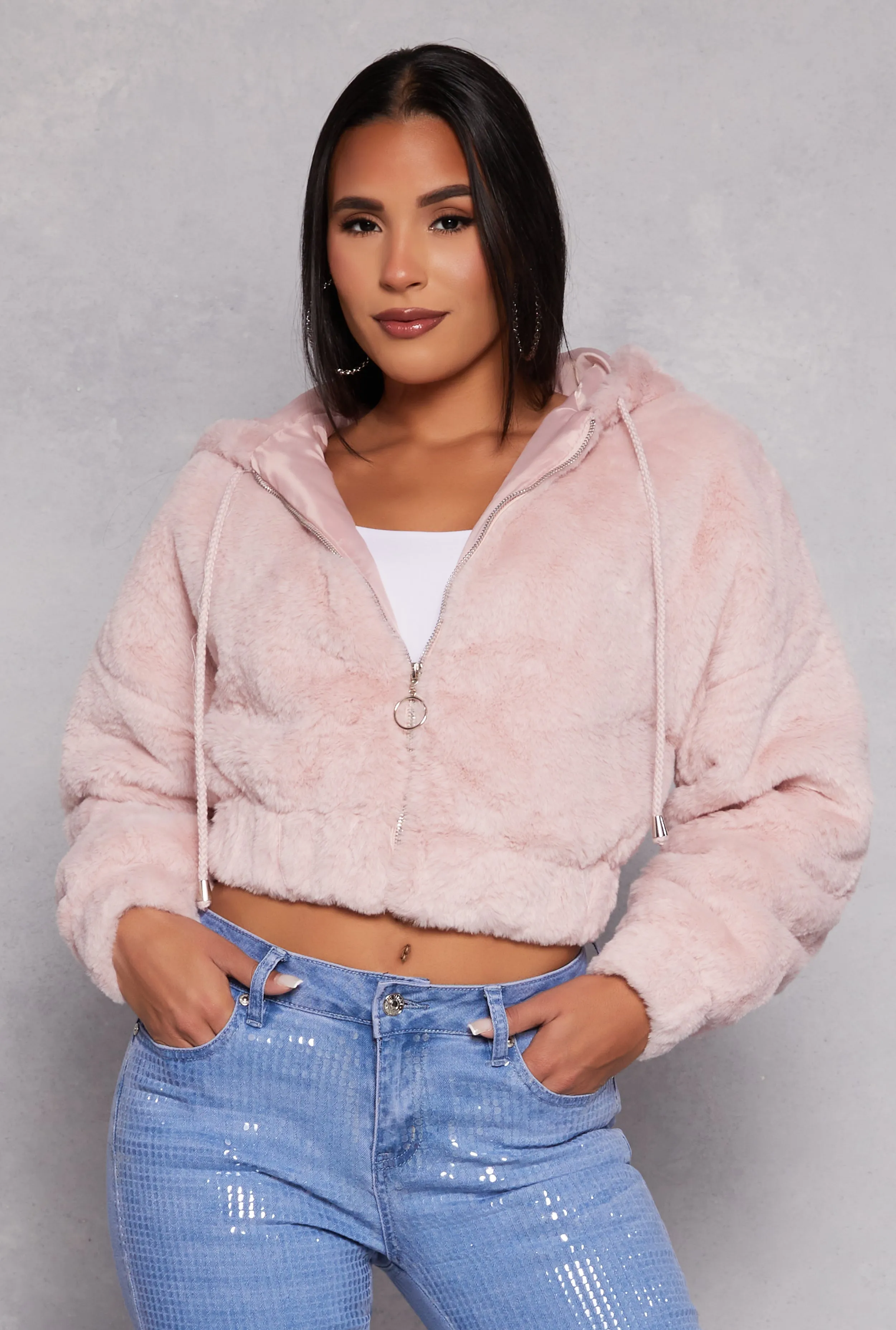 Faux Fur Zip Front Hooded Cropped Jacket sold by Rainbow