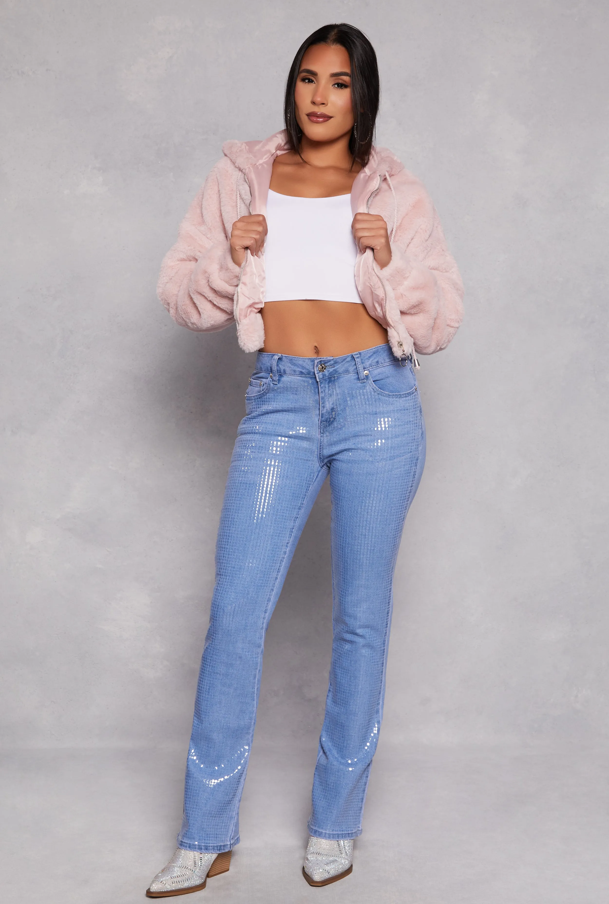 Faux Fur Zip Front Hooded Cropped Jacket sold by Rainbow product image thumbnail 2