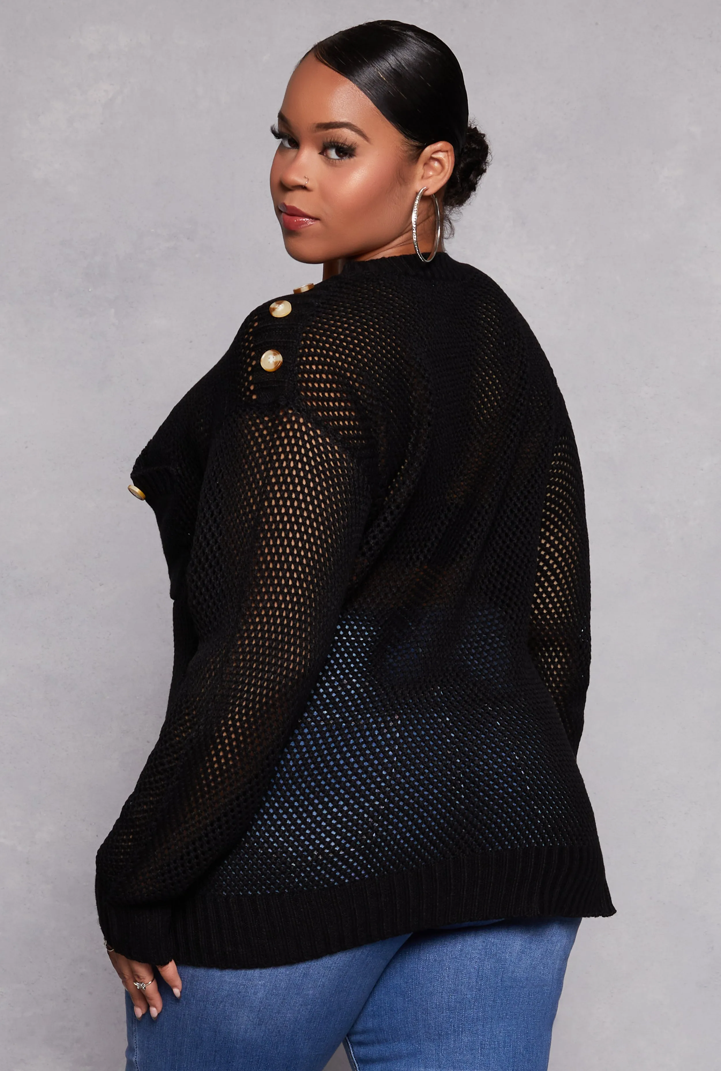 Plus Size Crochet Faux Button Detail Pocket Sweater sold by Rainbow product image thumbnail 3