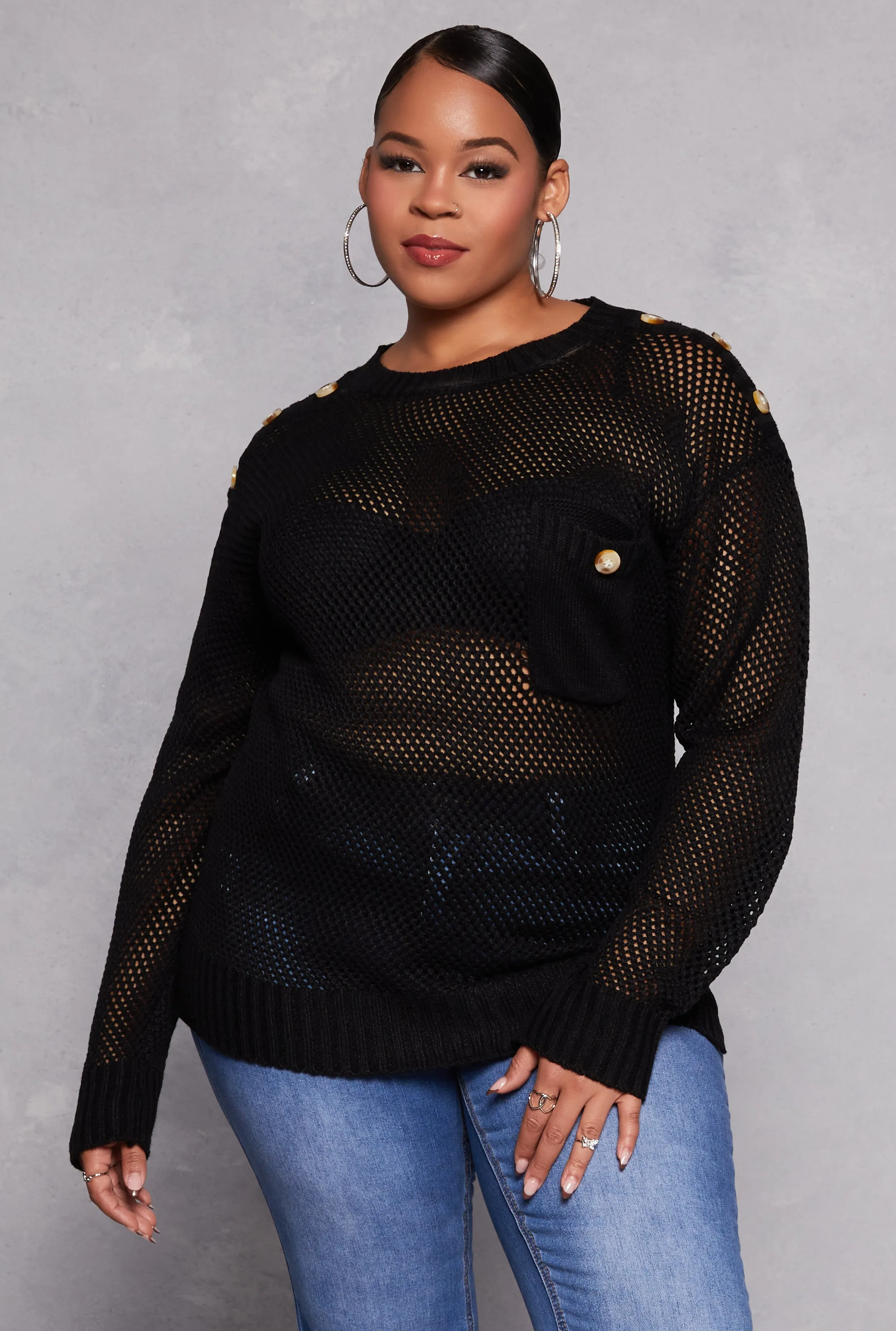 Plus Size Crochet Faux Button Detail Pocket Sweater sold by Rainbow