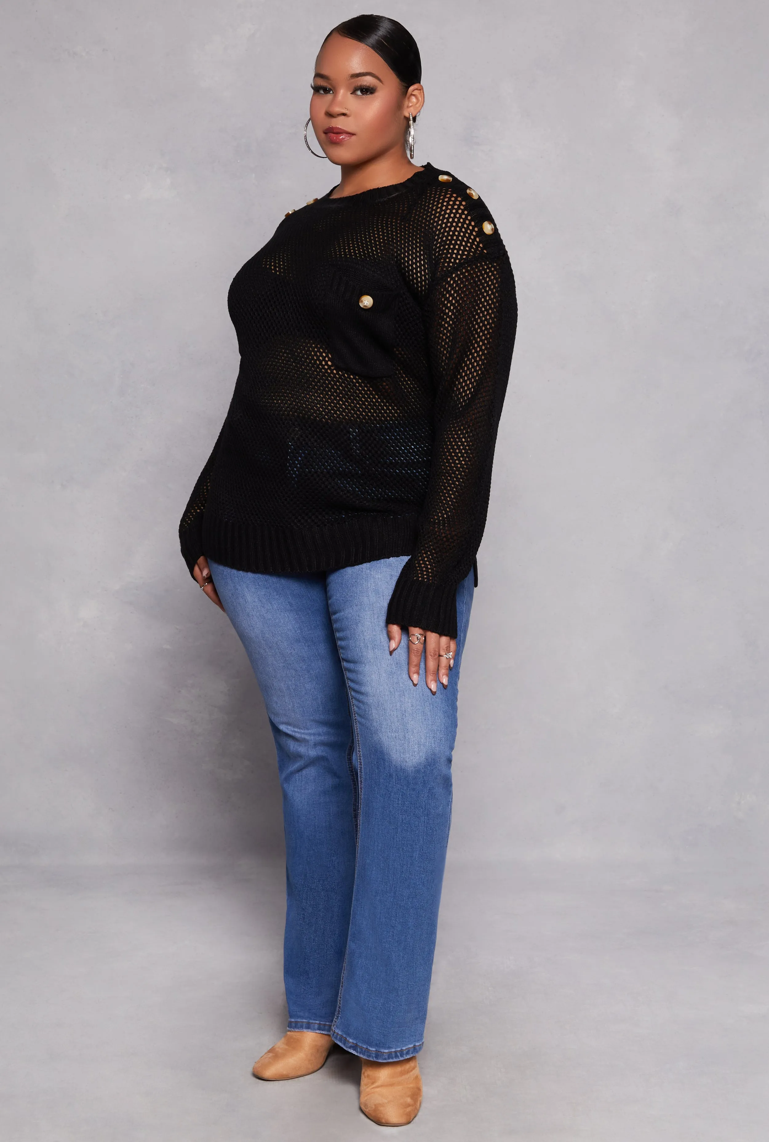 Plus Size Crochet Faux Button Detail Pocket Sweater sold by Rainbow product image thumbnail 2