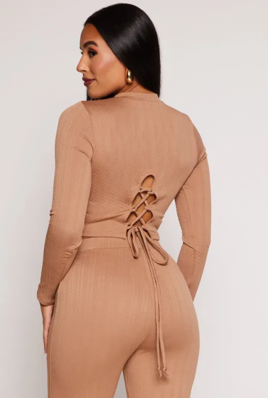 Textured Knit Lace Up Back Crop Top sold by Rainbow