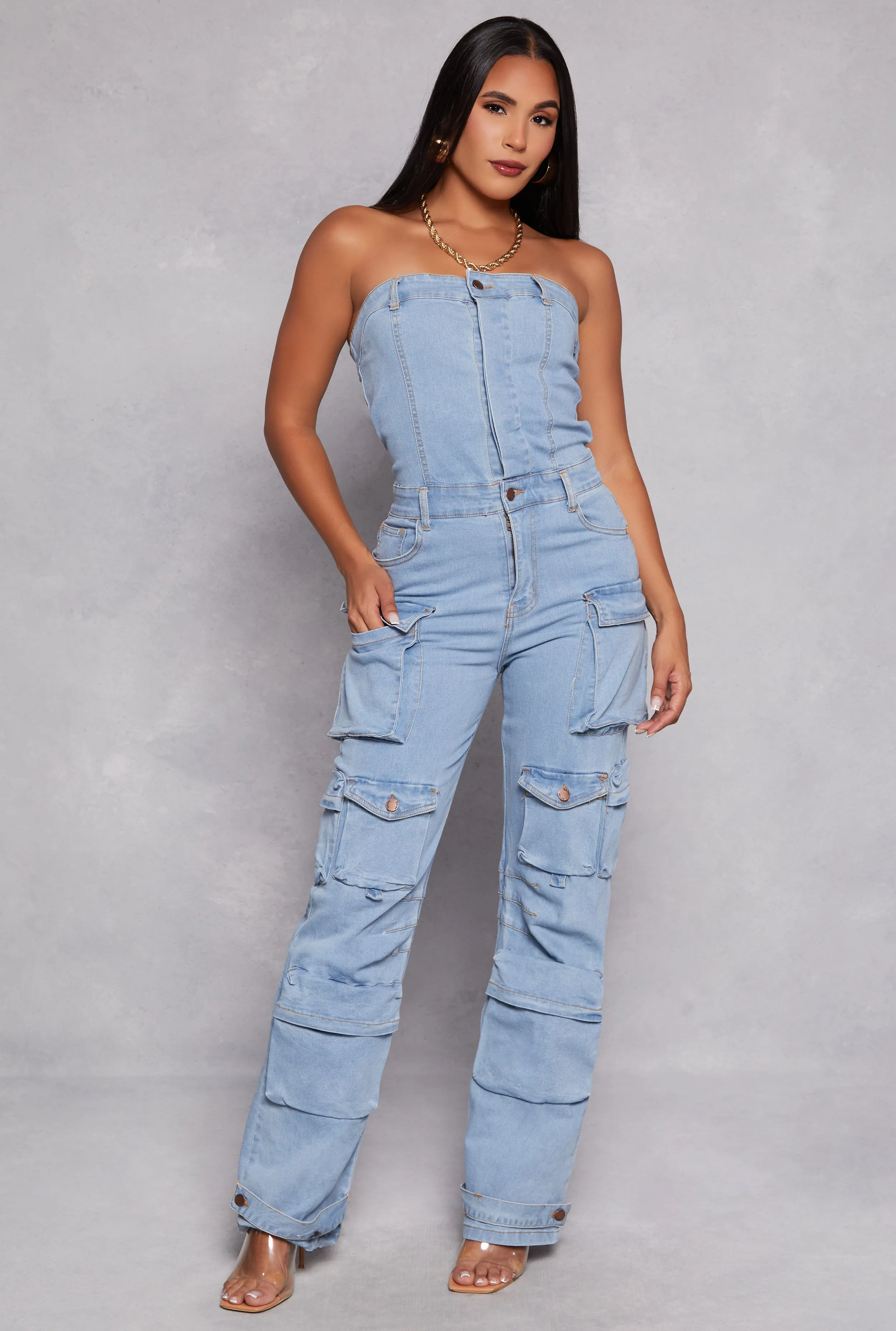 Daisy Denim Strapless Utility Jumpsuit sold by Rainbow