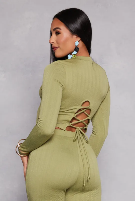 Textured Knit Lace Up Back Crop Top sold by Rainbow