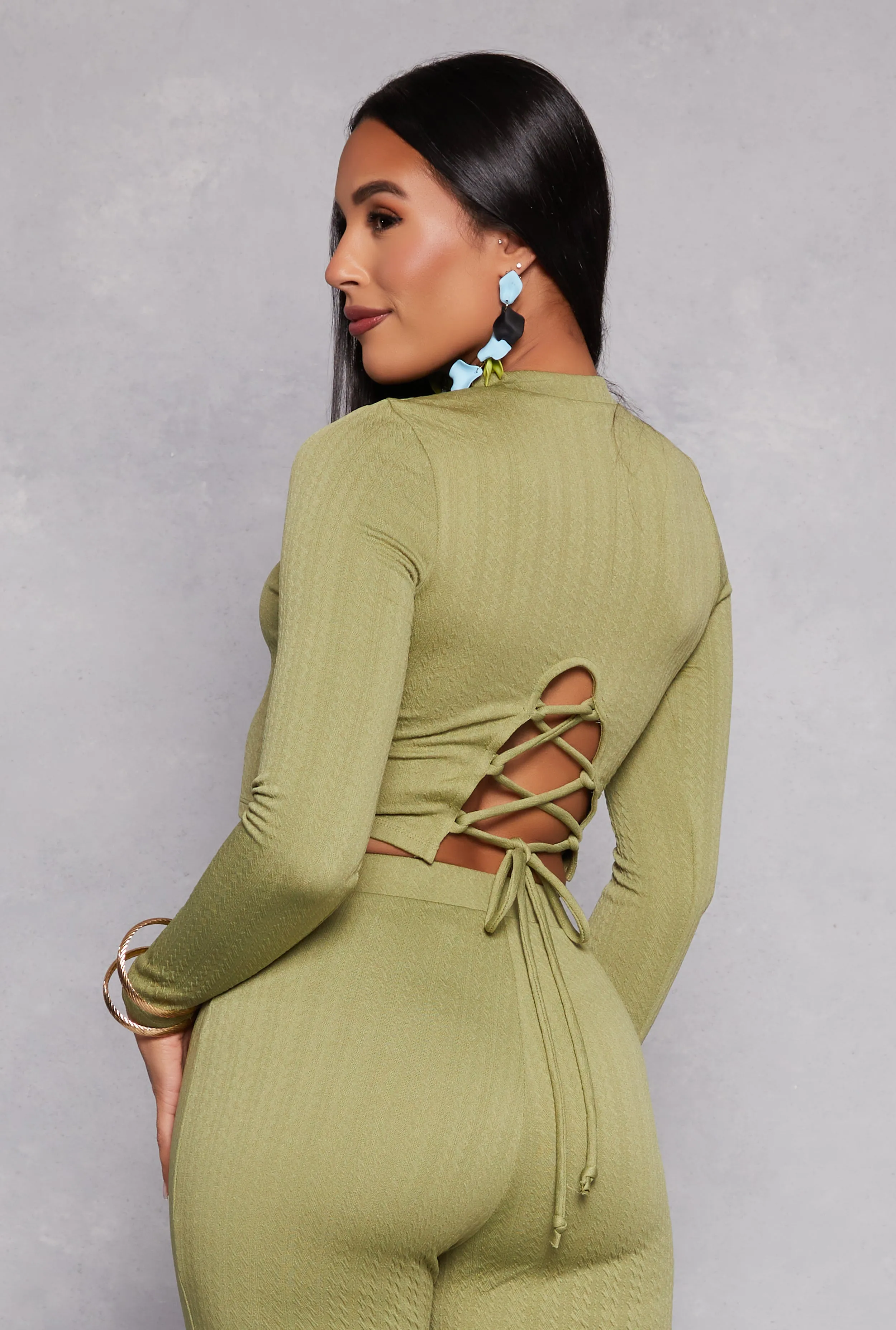 Textured Knit Lace Up Back Crop Top sold by Rainbow