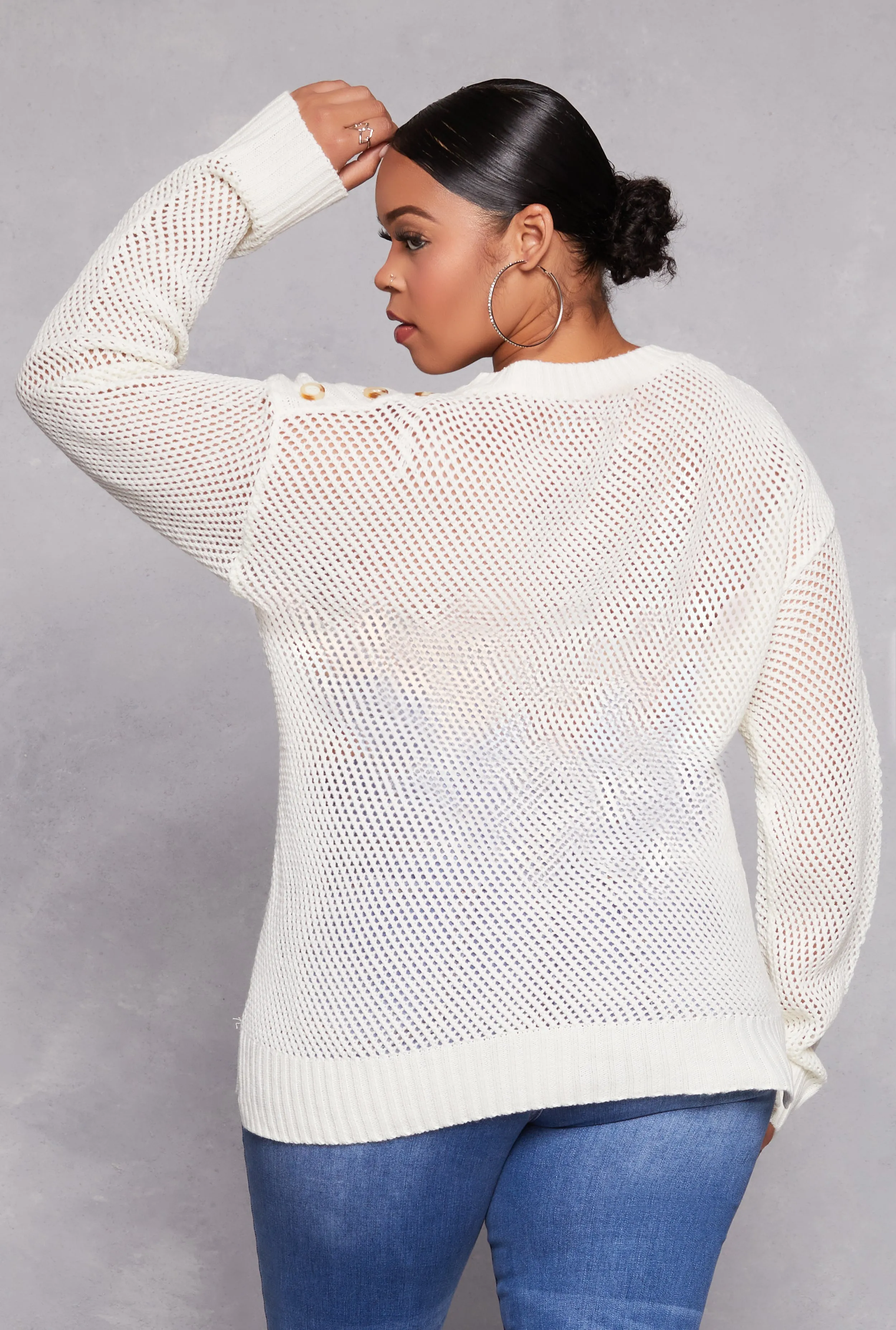 Plus Size Crochet Faux Button Detail Pocket Sweater sold by Rainbow product image thumbnail 3