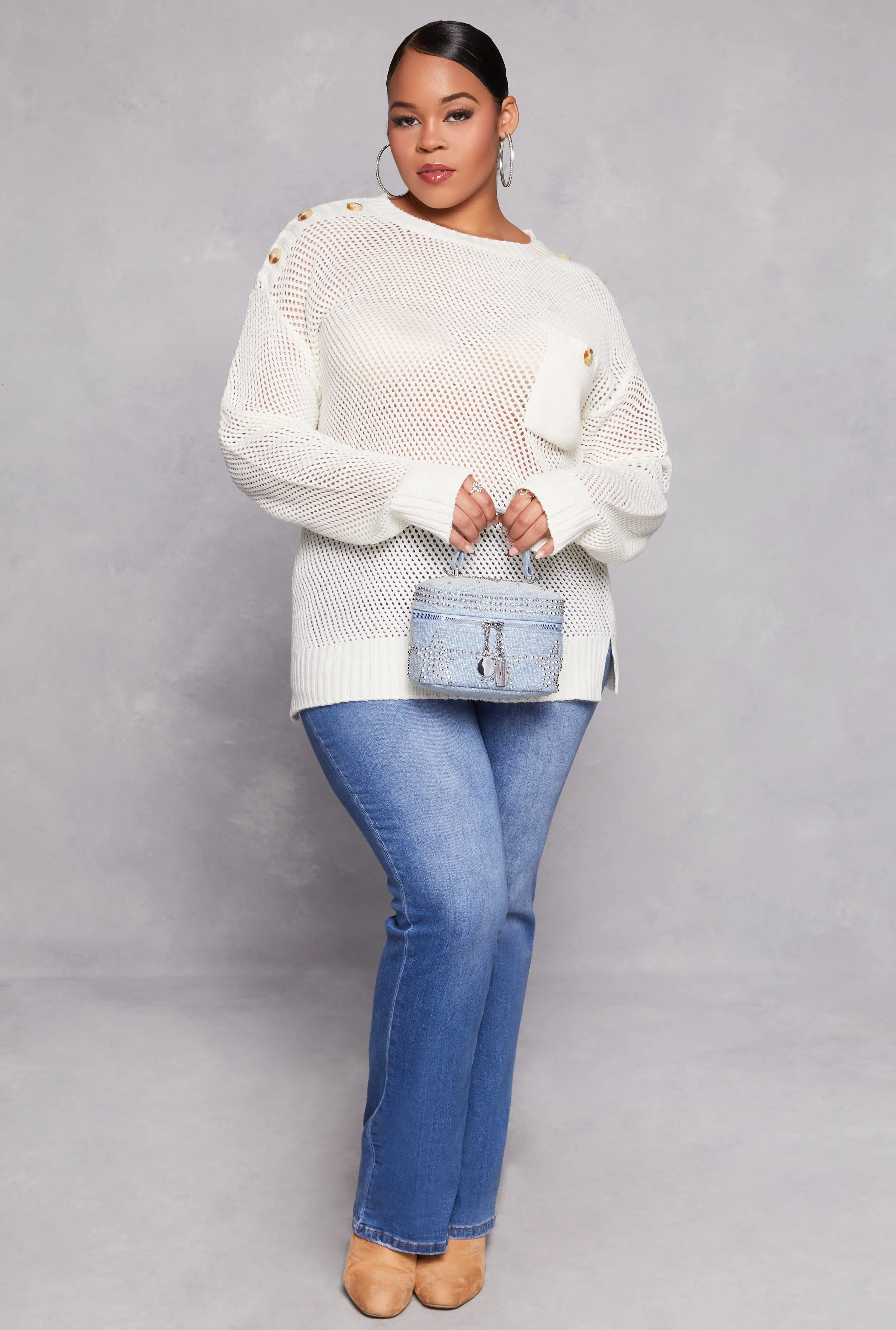 Plus Size Crochet Faux Button Detail Pocket Sweater sold by Rainbow product image thumbnail 2