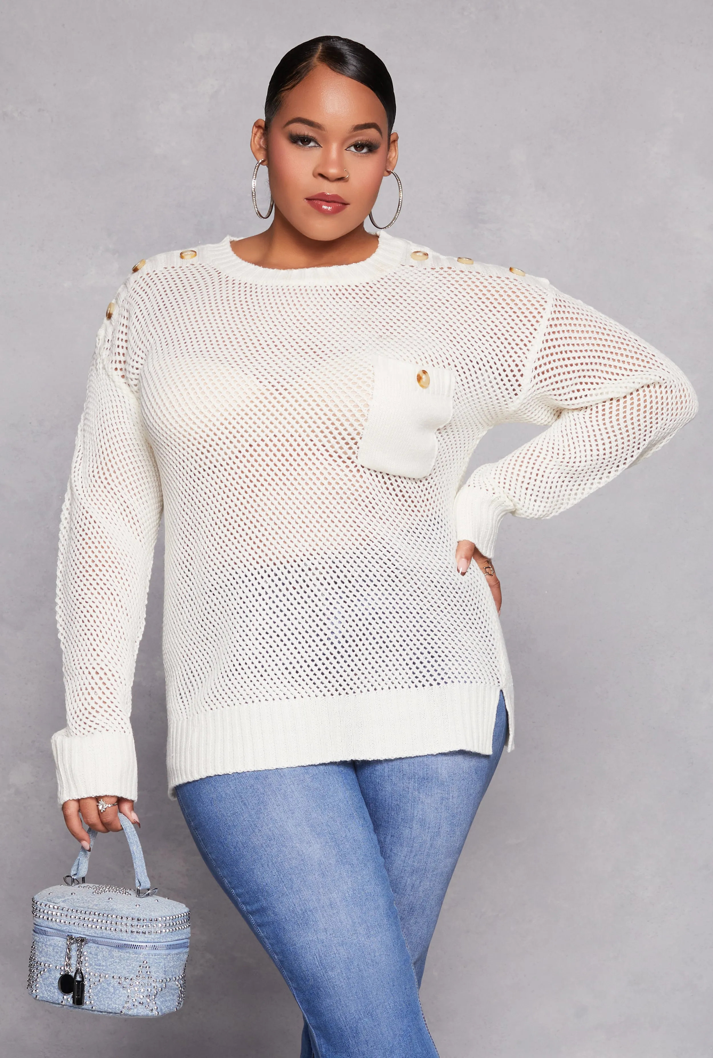 Plus Size Crochet Faux Button Detail Pocket Sweater sold by Rainbow