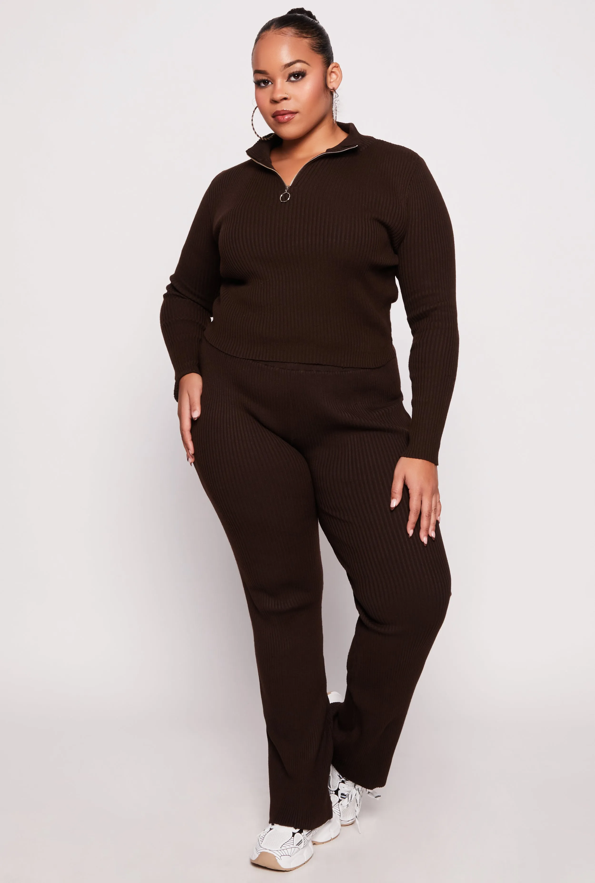 Plus Size Ribbed Knit Zip Neck Sweater sold by Rainbow product image thumbnail 2
