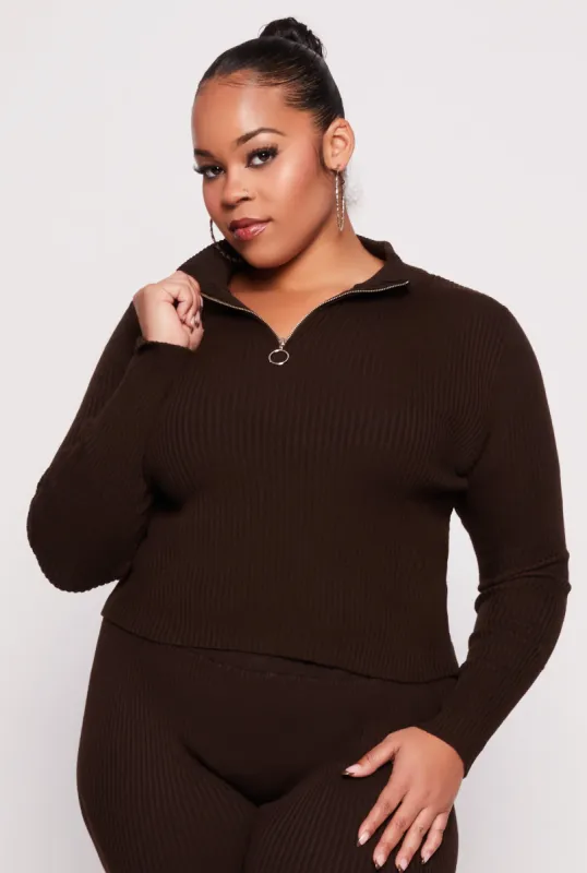 Plus Size Ribbed Knit Zip Neck Sweater sold by Rainbow