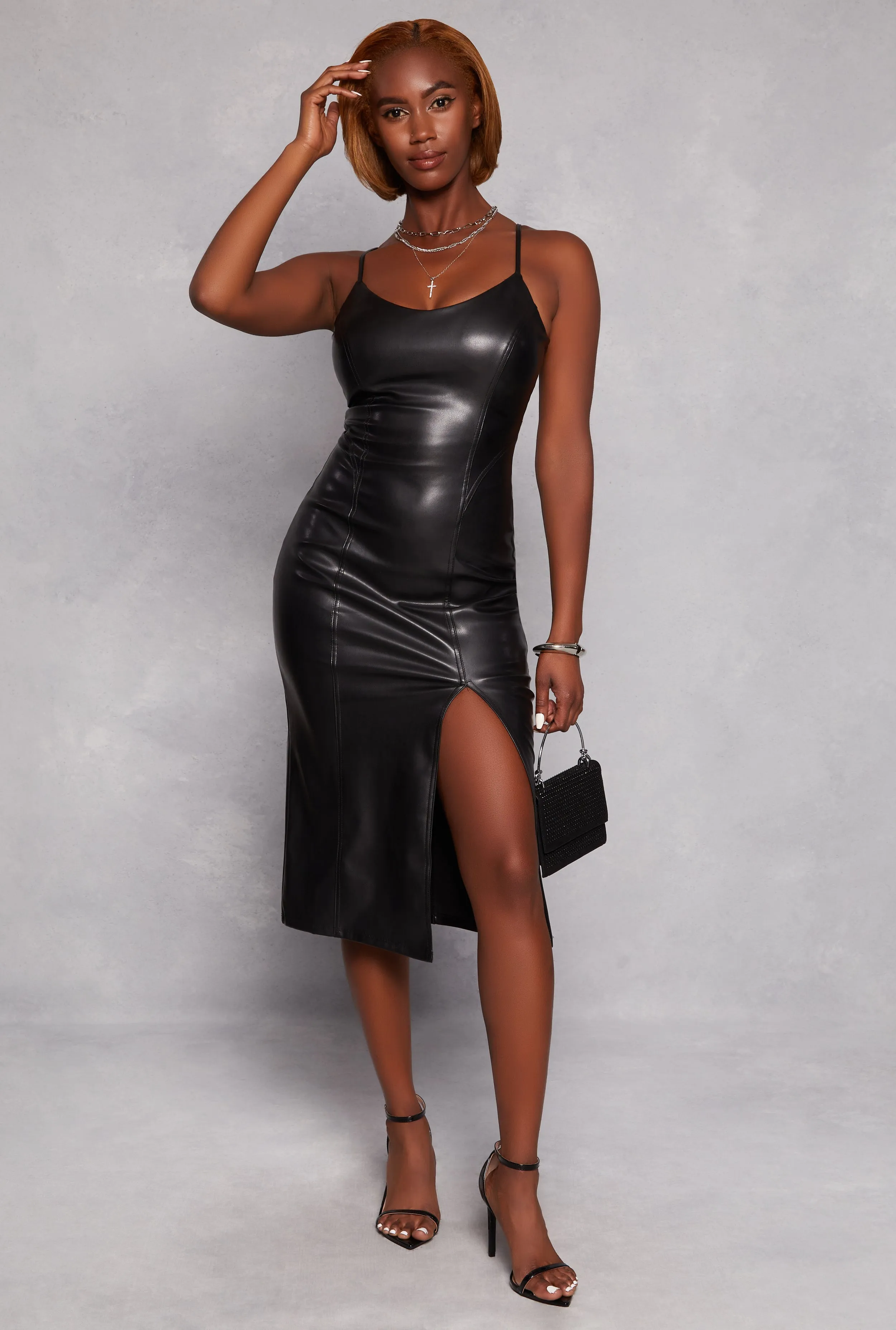 Haute Monde Faux Leather Side Slit Dress sold by Rainbow