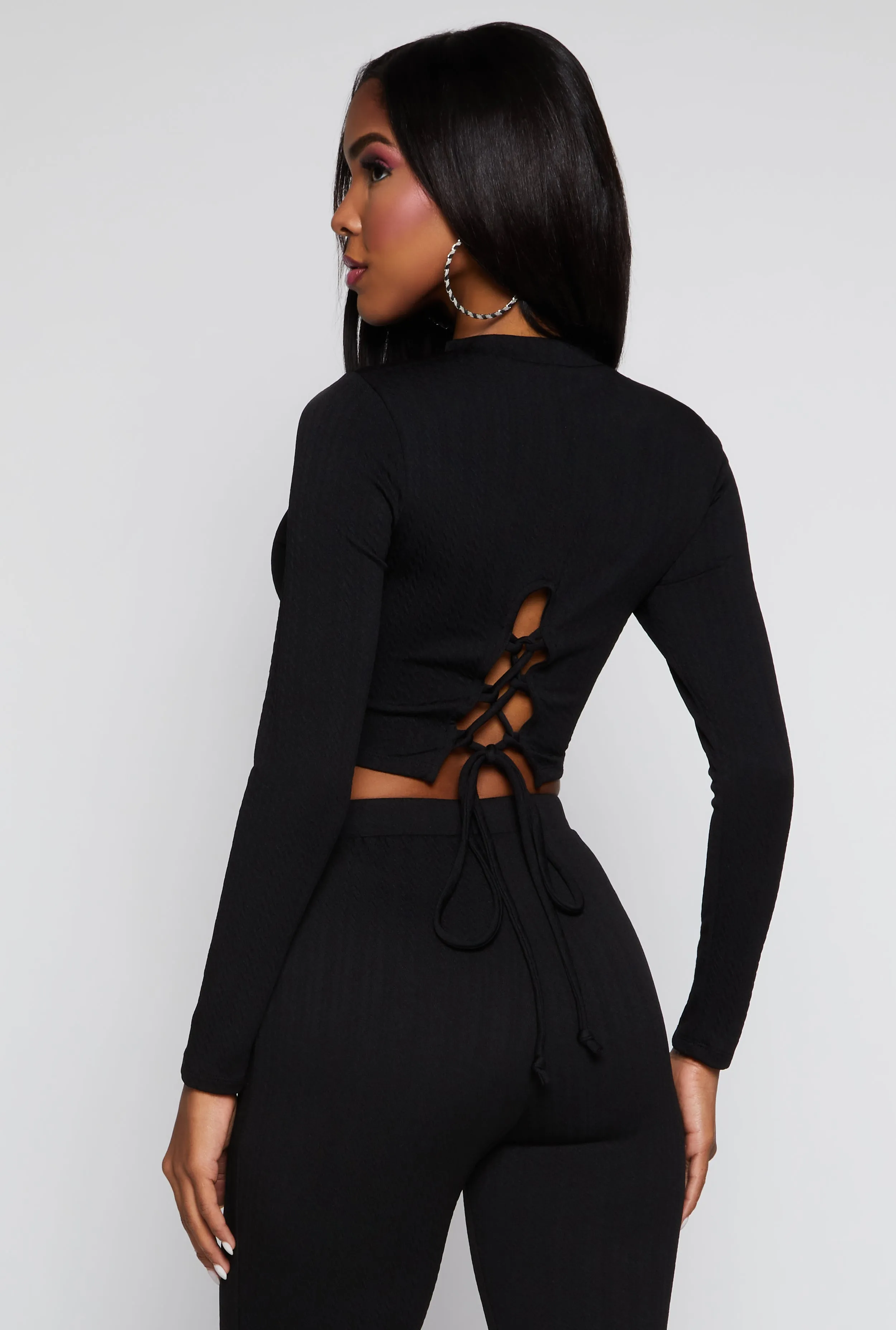 Textured Knit Lace Up Back Crop Top sold by Rainbow product image thumbnail 3