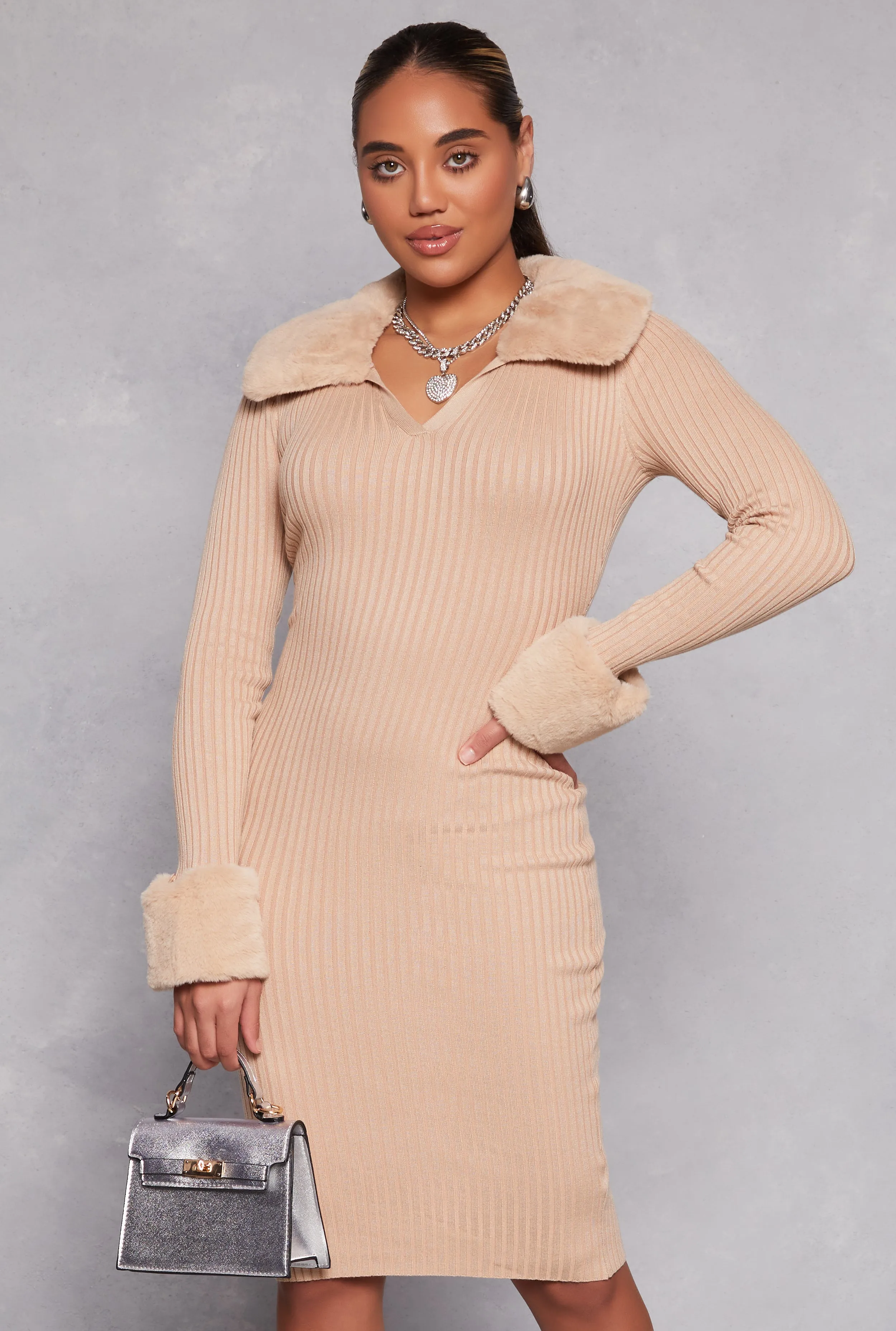 Almost Famous Faux Fur Collar Midi Dress sold by Rainbow