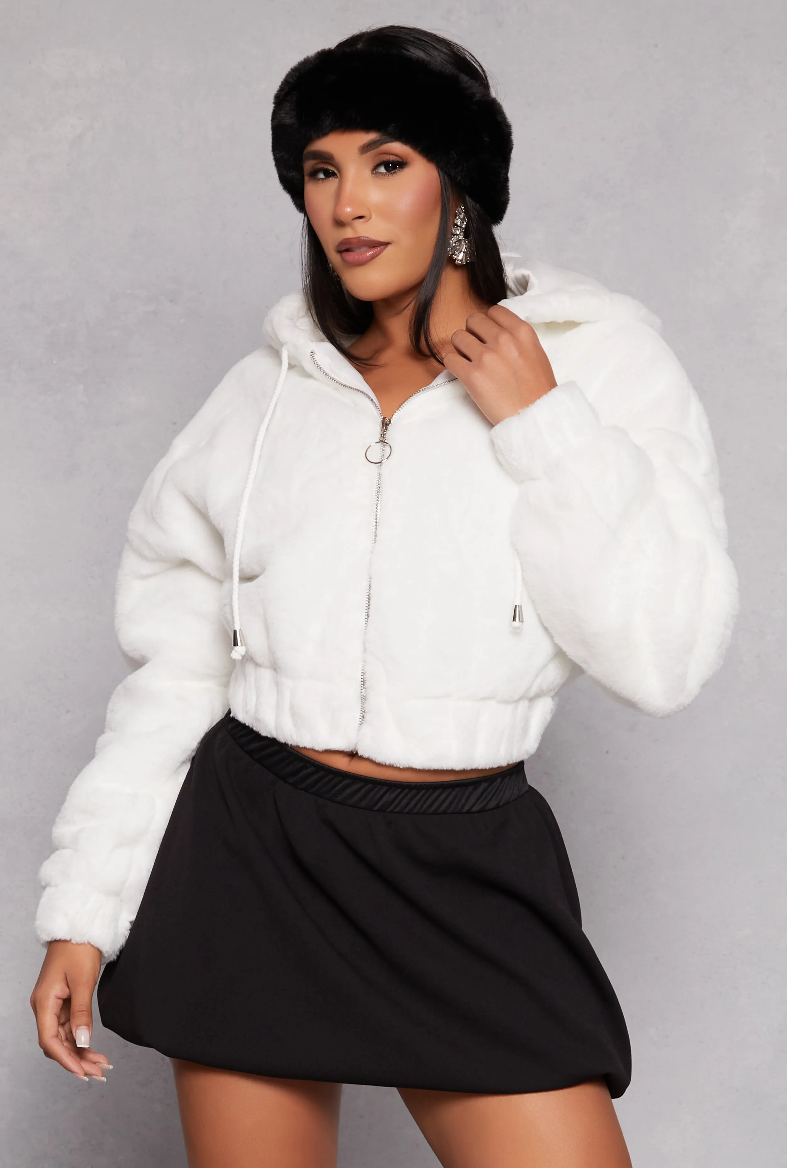 Faux Fur Zip Front Hooded Cropped Jacket sold by Rainbow
