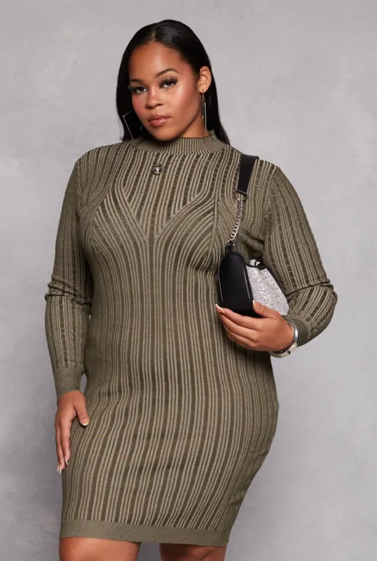 Plus Size Almost Famous Ribbed Knit Shadow Stripe Sweater Dress sold by Rainbow