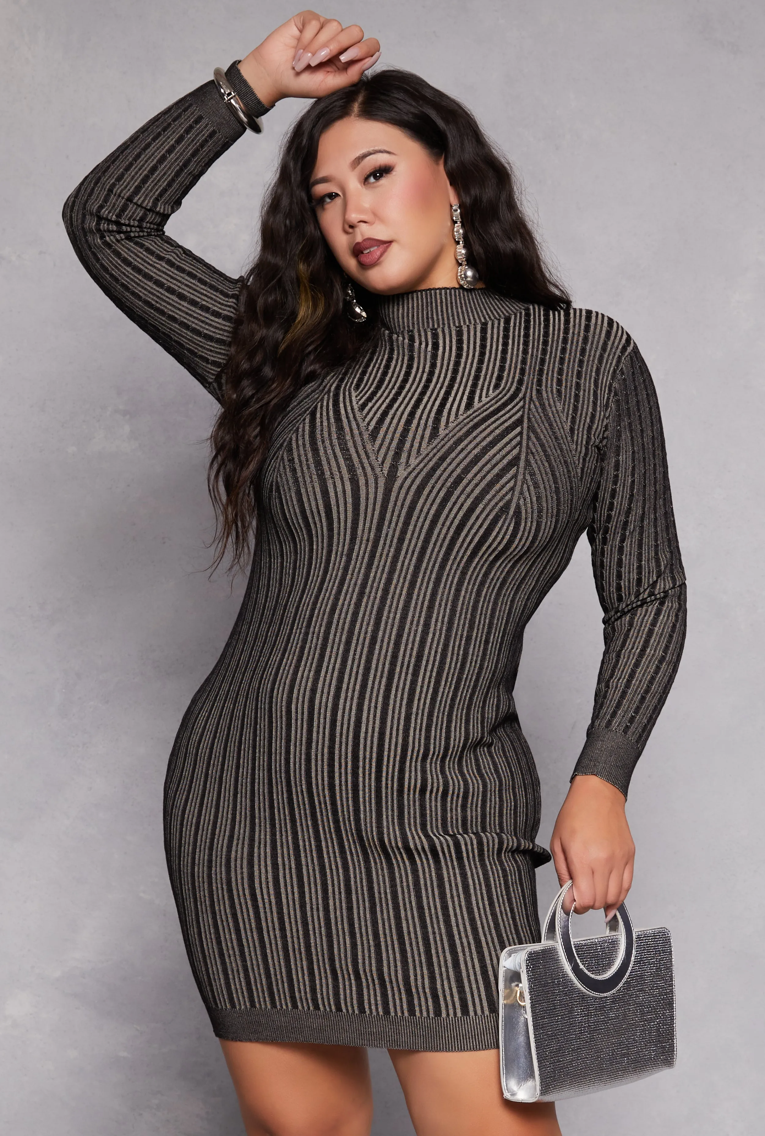 Plus Size Almost Famous Ribbed Knit Shadow Stripe Sweater Dress sold by Rainbow
