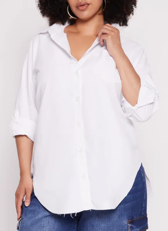 Plus Size Button Front Raw Hem Shirt sold by Rainbow