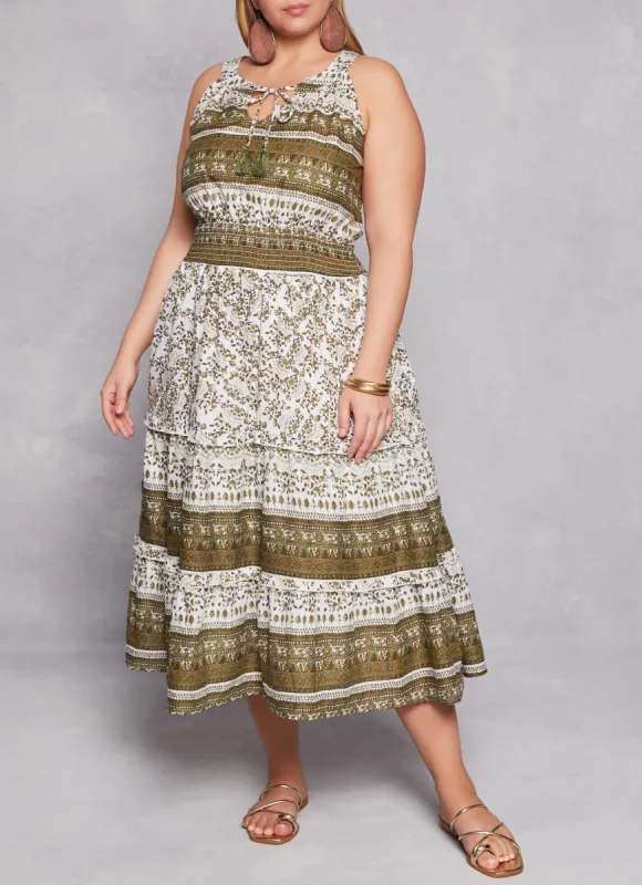 Plus Size Boho Border Print Smocked Waist Tiered Dress sold by Rainbow