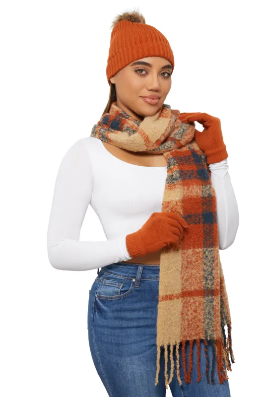 Plaid Boucle Scarf with Pom Pom Beanie and Gloves sold by Rainbow