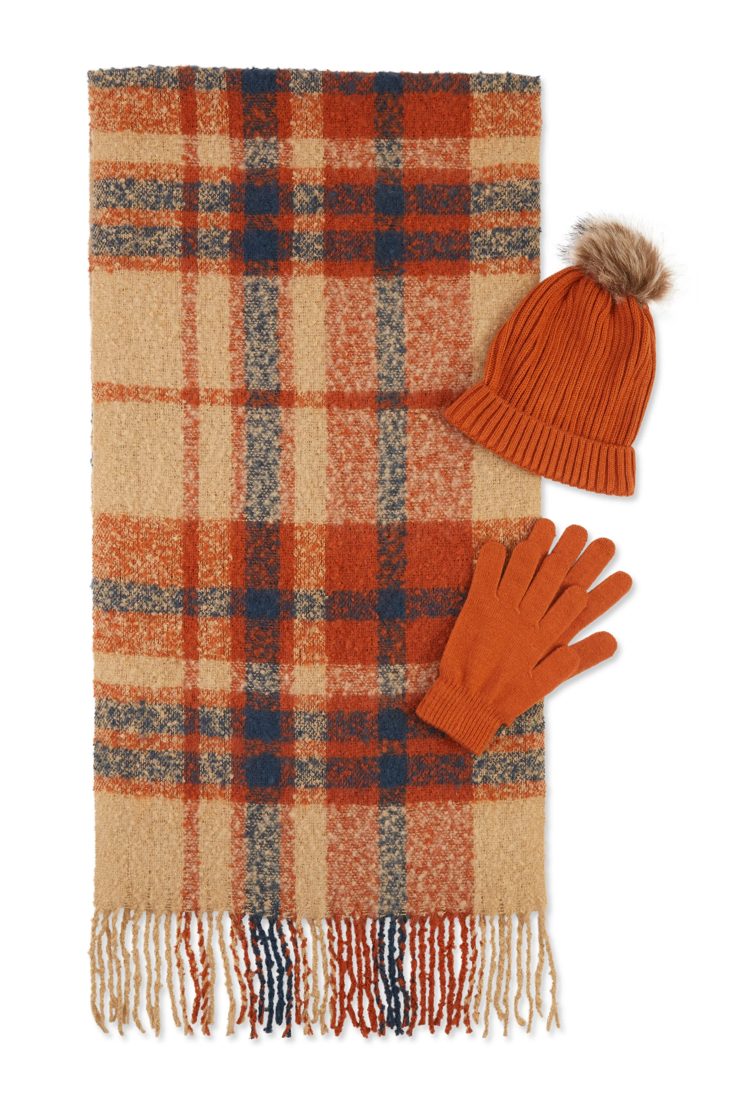 Plaid Boucle Scarf with Pom Pom Beanie and Gloves sold by Rainbow product image thumbnail 2