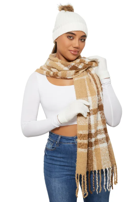 Plaid Boucle Scarf with Pom Pom Beanie and Gloves sold by Rainbow