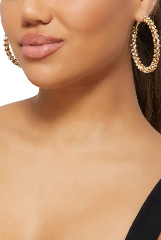 Textured Rhinestone Embellished Hoop Earrings sold by Rainbow