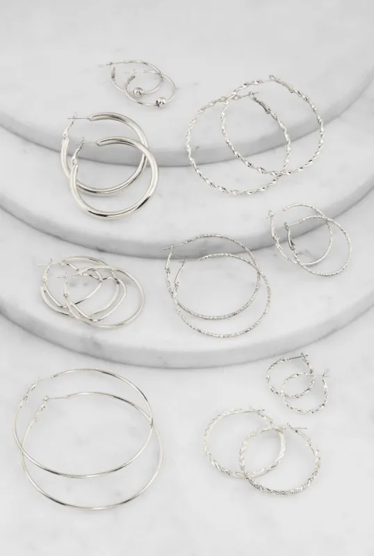 Textured Metallic Hoop Earrings Set of 9 sold by Rainbow
