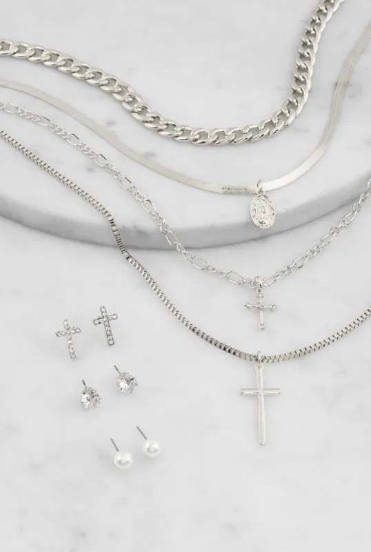Cross Charm Layered Necklace with Stud Earrings sold by Rainbow