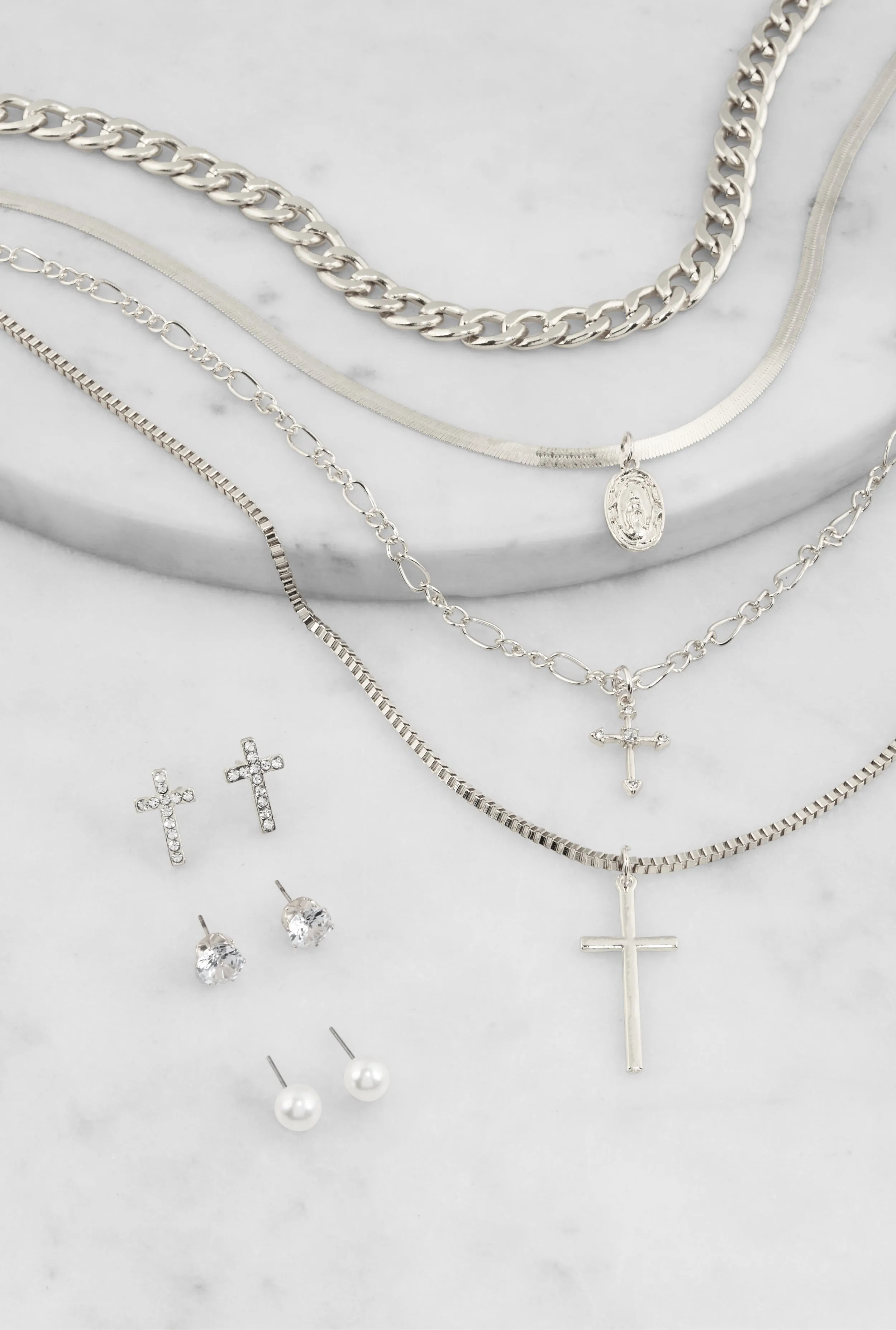 Cross Charm Layered Necklace with Stud Earrings sold by Rainbow