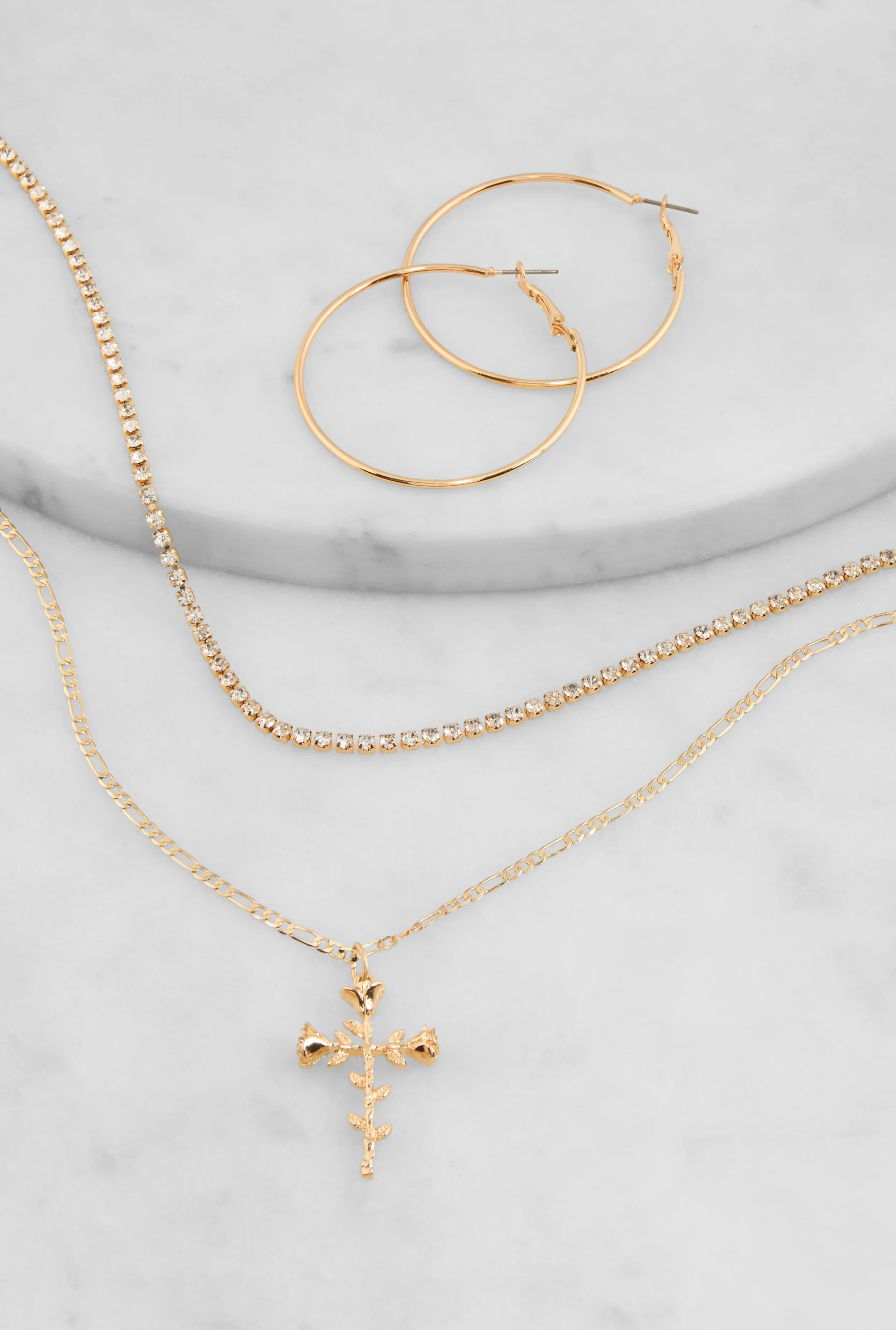 Rose Stem Cross Layered Necklace and Hoop Earrings sold by Rainbow product image thumbnail 2