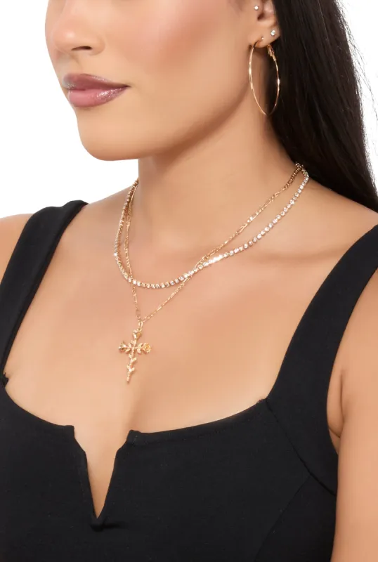 Rose Stem Cross Layered Necklace and Hoop Earrings sold by Rainbow