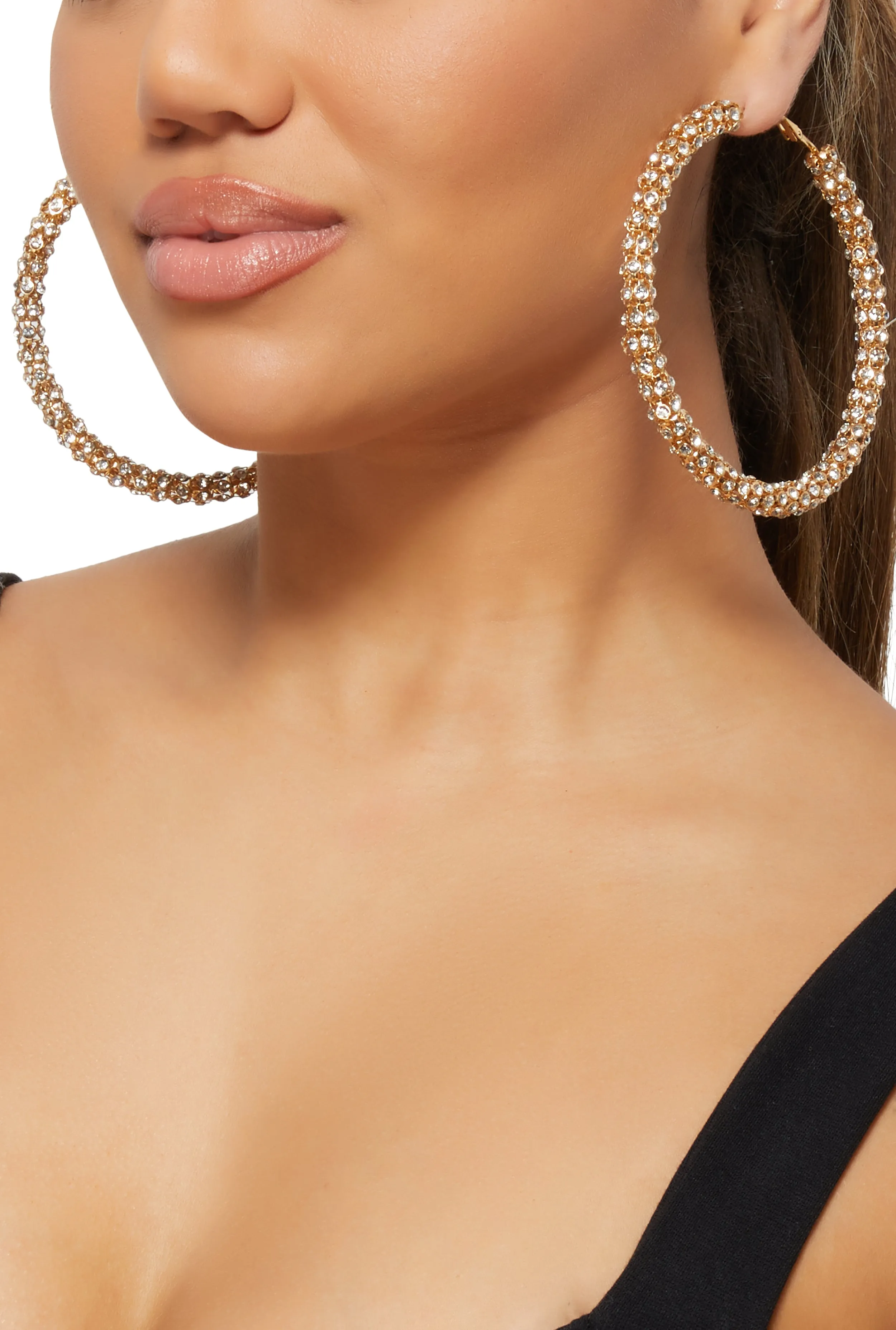 Metallic Rhinestone Embellished Hoop Earrings sold by Rainbow