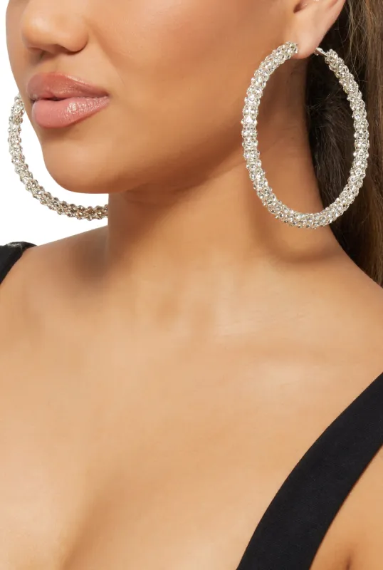 Metallic Rhinestone Embellished Hoop Earrings sold by Rainbow
