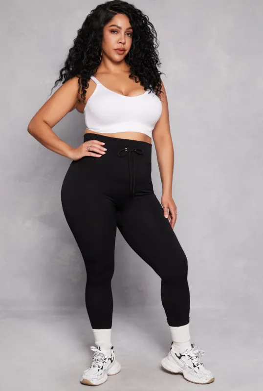 Plus Size Drawstring Detail High Waist Leggings sold by Rainbow