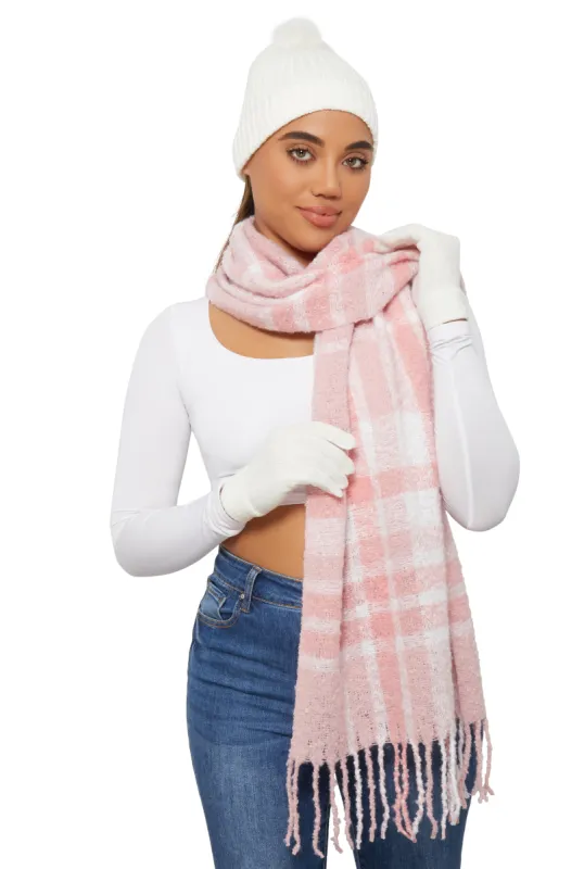 Plaid Boucle Scarf with Pom Pom Beanie and Gloves sold by Rainbow