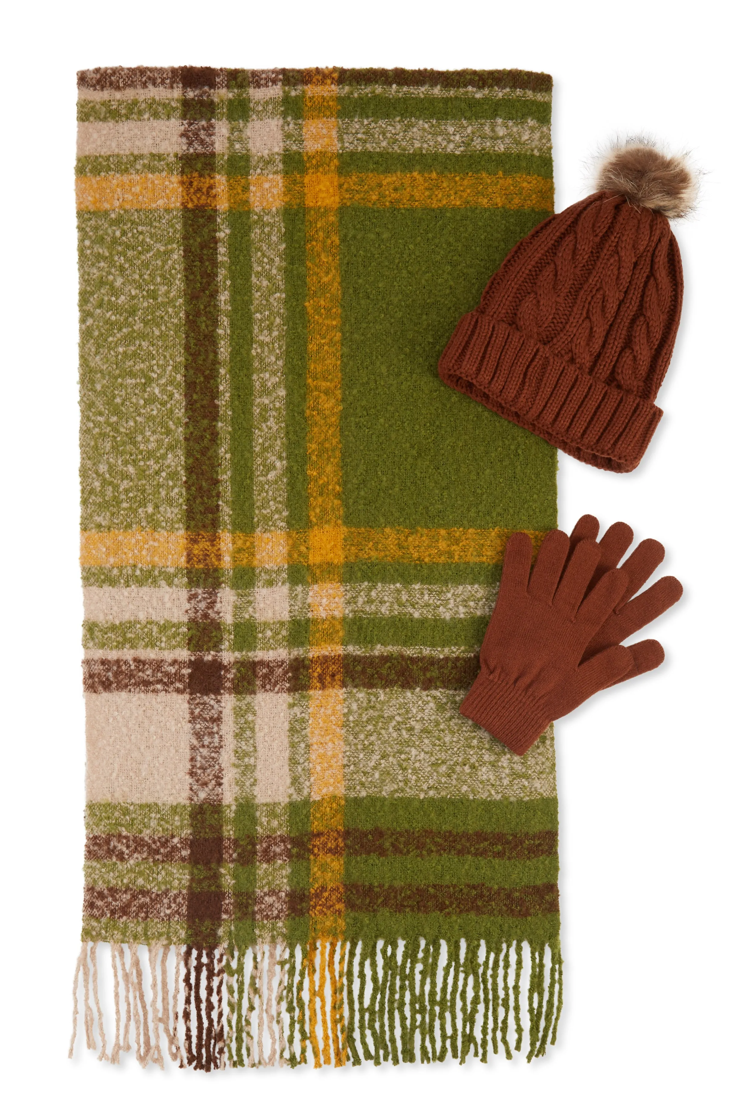 Plaid Boucle Scarf with Pom Pom Beanie and Gloves sold by Rainbow product image thumbnail 2