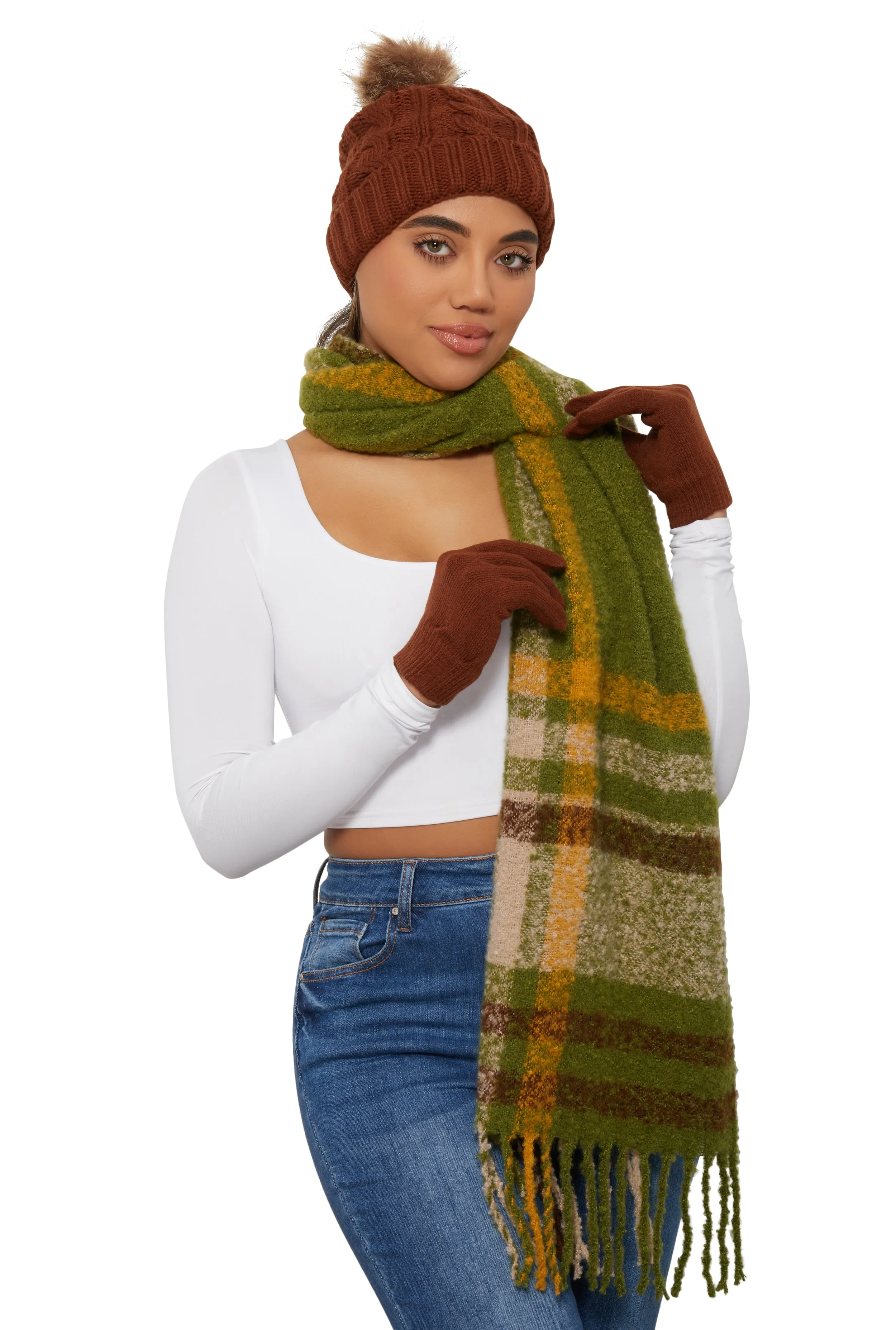Plaid Boucle Scarf with Pom Pom Beanie and Gloves sold by Rainbow