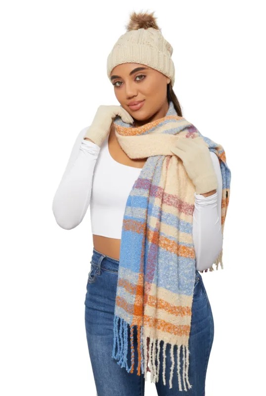 Plaid Boucle Scarf with Pom Pom Beanie and Gloves sold by Rainbow