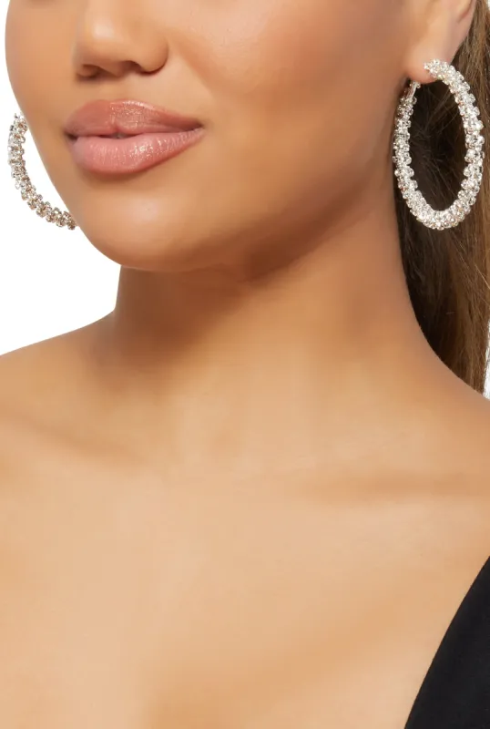 Textured Rhinestone Embellished Hoop Earrings sold by Rainbow