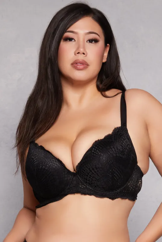 Plus Size Lace Patterned Plunge Bra sold by Rainbow