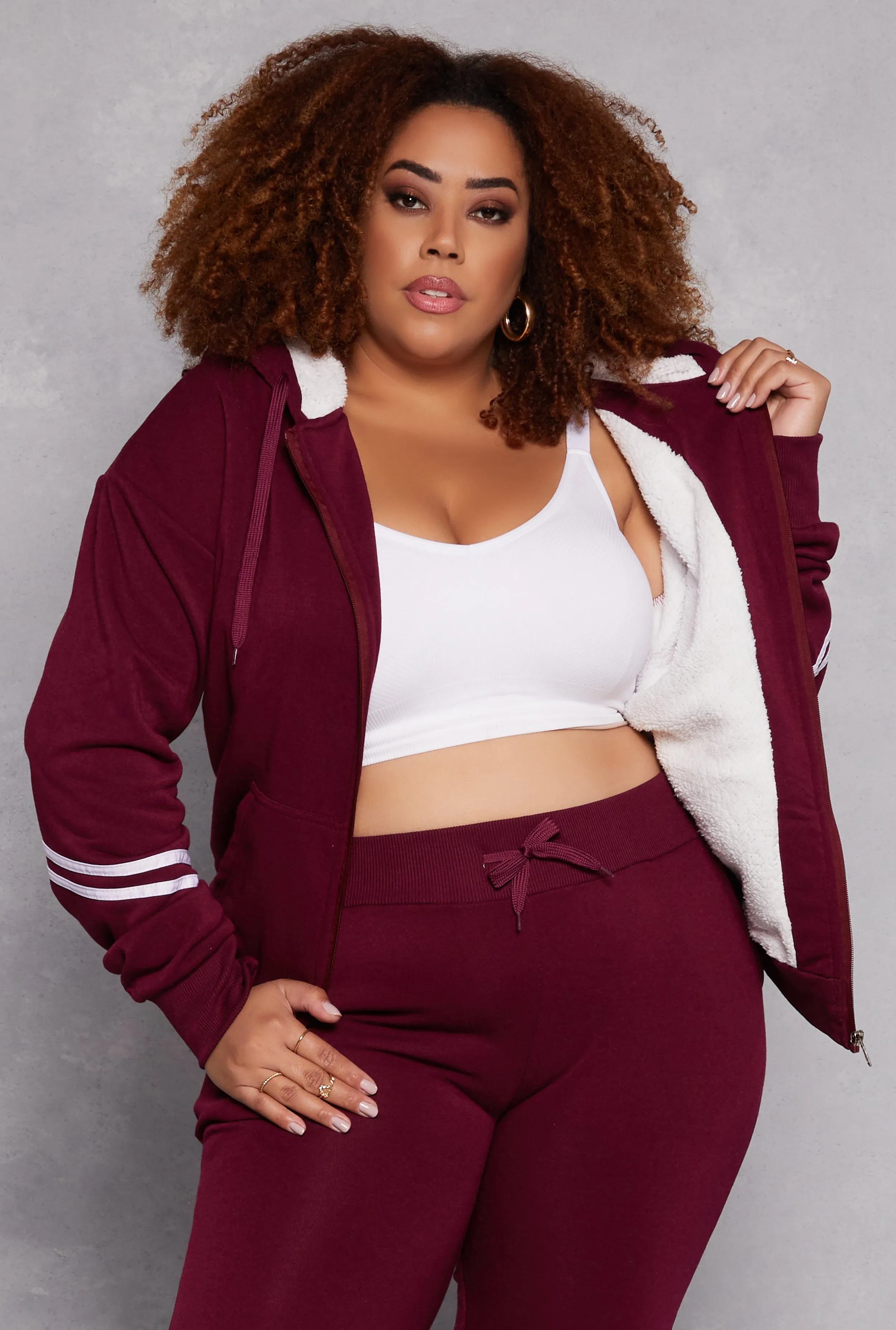 Plus Size Varsity Stripe Sleeve Zip Front Hoodie sold by Rainbow